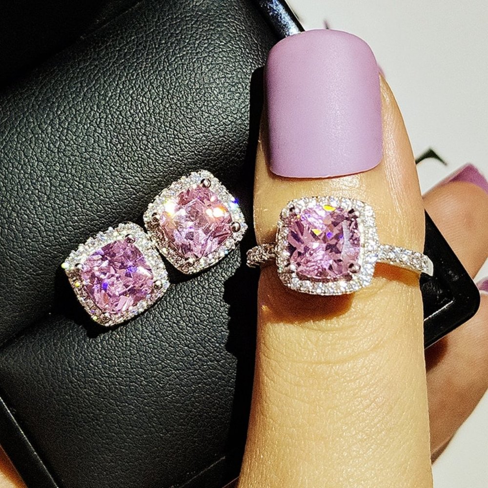 NEW 925 Sterling Silver Diamond Earrings+Ring Set